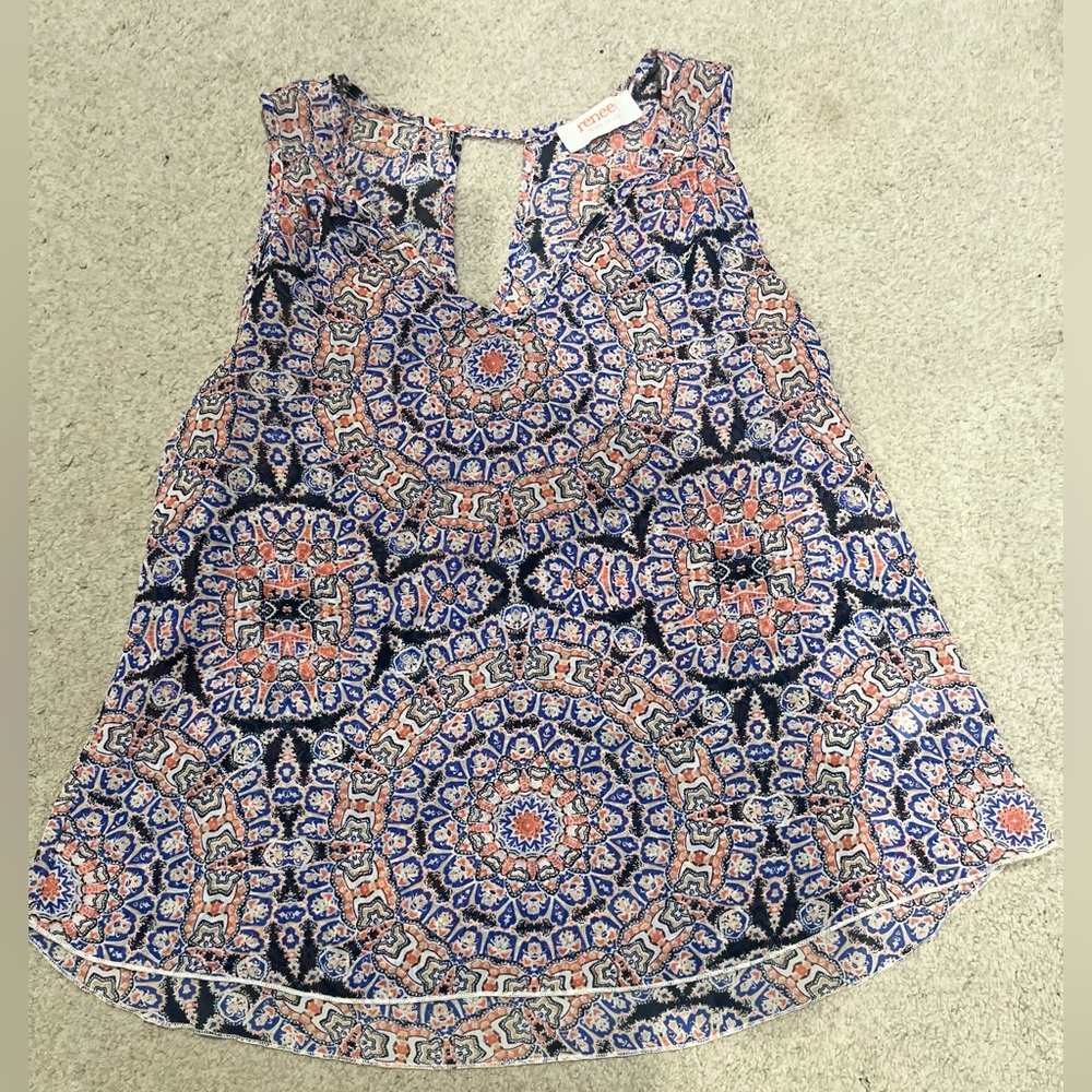 Renee Bohemian Patterned Tank Top, Women’s V-Neck Blue & Orange Shirt, Medium